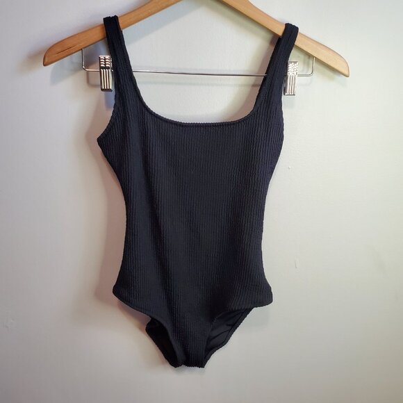 AERIE Ribbed Crinkle Scoop One Piece Swimsuit Full Coverage Black Women's XS - Picture 1 of 11